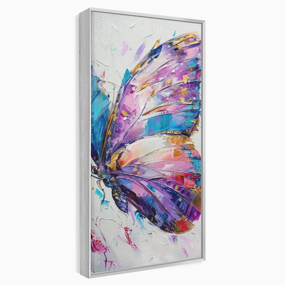 Tablou canvas cu tablou canvas cu fluture pictat in nuante de violet, in rama de aluminiu argintiu